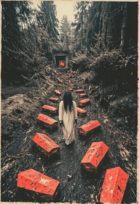 Path way to the portal , road made by coffins, neatly aligned to make way to the portal , bride walking on coffins, Mixture of artstyle , (japanese+chinese), flat color illustration