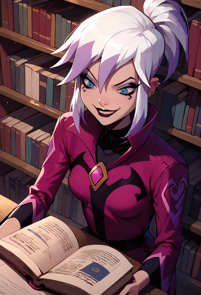 charmcaster, white hair, two-tone hair, makeup, dress, smirk, skirt, black pantyhose, library, reading, book, holding book,ear piercings, <lora:Charm-08:1>