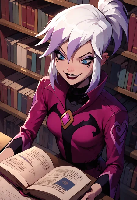 charmcaster, white hair, two-tone hair, makeup, dress, smirk, skirt, black pantyhose, library, reading, book, holding book,ear piercings,  <lora:Charm-08:1>