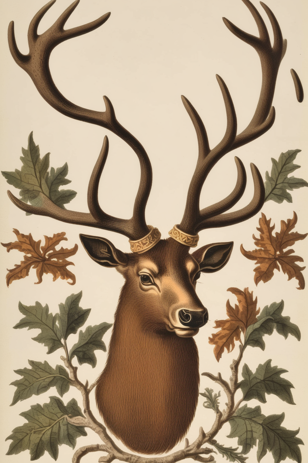 <lora:Mark Catesby Style:1>Mark Catesby Style - 103765. An illustration by Mark Catesby. An illustration of a stag's head in profile, the focus on its impressive antlers and noble features.