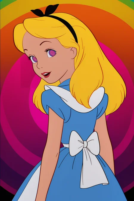 retro artstyle, 1980s (style), score_9, score_8_up, score_7_up, score_6_up, score_5_up, score_4_up, <lora:Alice_V2:.8>, 1girl, AliceWonder, blonde hair, trippy eyes, psychedelic eyes, purple eyes, pink eyes, black hairband, blue dress, white apron, back bow, close-up, psychedelic background, colorful background, looking at viewer