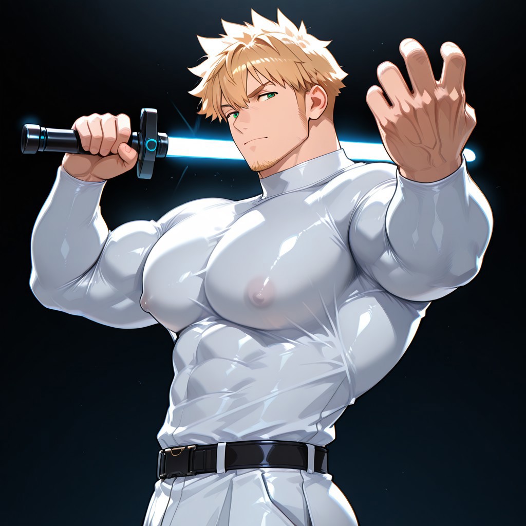 masterpiece, best quality, newest, absurdres, highres, best quality, bara, fair skin, muscular male, 1man, mature male, dilf, blonde hair, green eyes, dynamic lighting, black background, misty, slick back, facial hair, long sideburns, white shirt, white pants, spandex suit, big pectoral, male moobs, standing, fighting pose, holding a blue lightsaber, glowing lightsaber, face closeup, upper body only, cocky and confident, very aesthetic