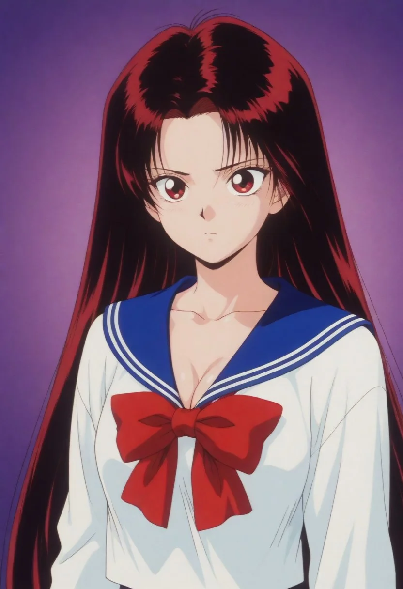 masterpiece, best quality, amazing quality,,,,<lora:izunaIL:0.8>1girl,Haduki_IzunaPO,1990s \(style\),retro artstyle, red eyes,black hair,red hair,very long hair,cleavage,collarbone, school uniform,serafuku,shirt,white shirt,blue sailor collar,bowtie,red bowtie,