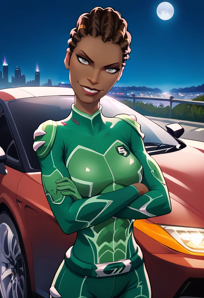 score_9, score_8_up, score_7_up,score_6_up, source_realistic, city, night time, against car, sport car, lamborghini, head tilt, g4n1m3,<lora:g4n1m3XLP:1>
BREAK
agura ibaden, dark skin, green bodysuit, medium breasts, toned, dreadlocks, hair_bun, narrow waist, grey eyes,crossed arms, smirk, <lora:agura:1> <lora:Smooth Anime 2 Style SDXL_LoRA_Pony Diffusion V6 XL:1>