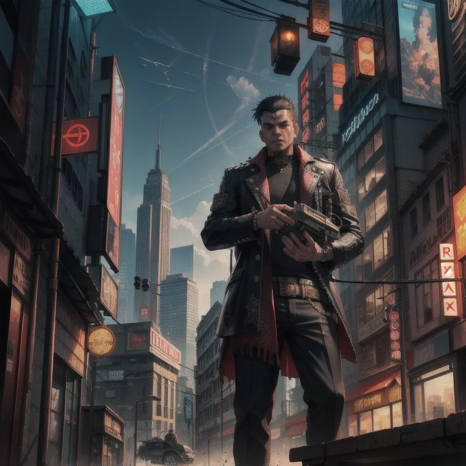 city, cyberpunk, fantasy punk, asian punk, steam punk, Highly detailed and finely crafted with crazy details, The man is destroying city
