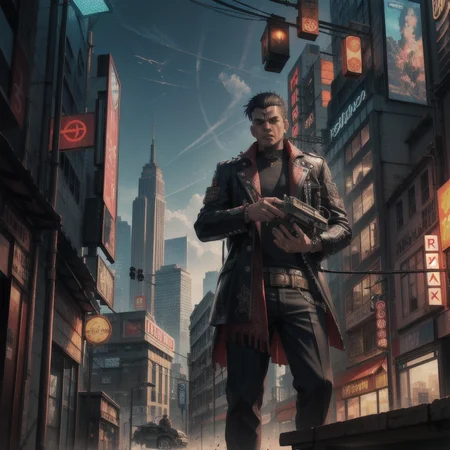 city, cyberpunk, fantasy punk, asian punk, steam punk, Highly detailed and finely crafted with crazy details, The man is destroying city