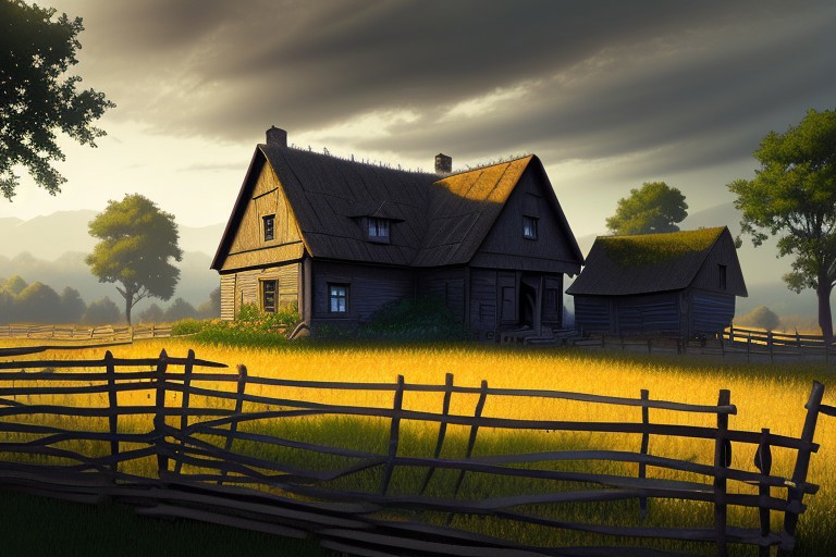 RAW photo, (masterpiece:1.3), subsurface scattering, heavy shadow, (high quality:1.4), (intricate, high detail:1.2), professional photography, HDR, High Dynamic Range, realistic, ultra realistic, photorealistic, high resolution, film photography, ambient lighting, atmospheric effects, <lora:detail_slider_v4:2>, OverallDetail,  farmhouse, fields, fence, fantfa, <lora:FantasyFarm:0.75>