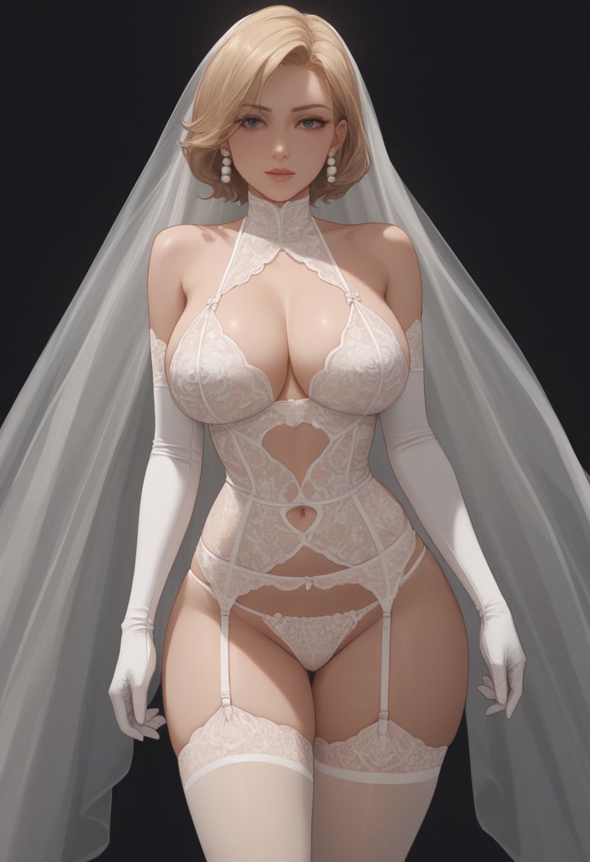 source_anime, score_9, score_8_up, score_7_up, portrait, 
1woman, mature_female, curvy, revealing clothes, bare shoulders, lace-trimmed panties, lace-trimmed bra, garter straps, pearl earrings, white thighhighs, white gloves, roses,
black background, standing, detailed, high quality,
<lora:Bridal_lingerie_XL:0.7>,