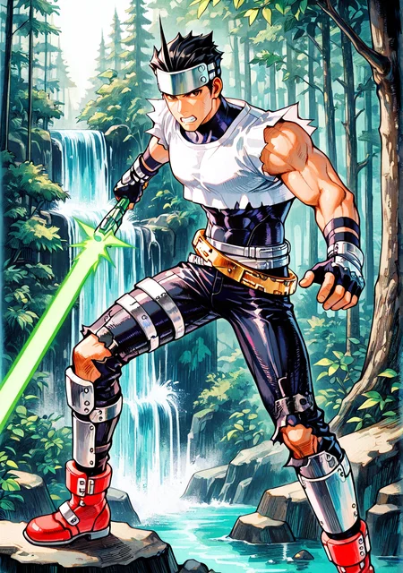 pshyt, FMIXF2, csdb, hatching (texture), mature eyes, toned male, brown eyes, cropped shirt, white shirt, dark blue bodysuit, ripped pant leg, leg armor, forehead protector, pointed ahoge, black hair, red ankle boots, ankle boots, holding weapon, green laser sword, fingerless gloves, gold belt, silver belt, lush forest, waterfall, standing pose, serious, clenched teeth,
masterpiece, best quality, amazing quality