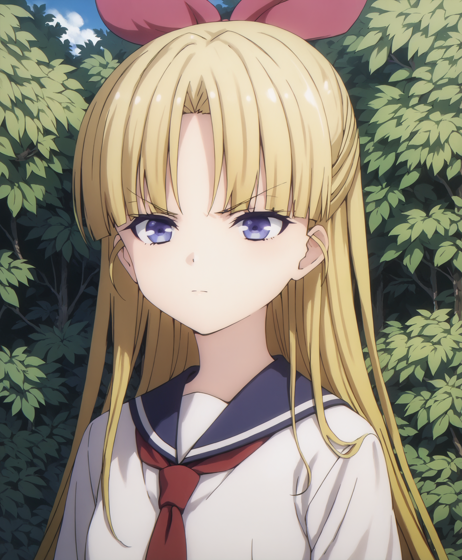 score_9, score_8_up, score_7_up, highres, hi res, best quality, masterpiece, 2d, intricate details, 4k, anime coloring, shadow, uncensored,
1girl, solo, female, long hair, blue eyes, blonde hair, bow, ribbon, purple eyes, hair bow, v-shaped eyebrows, >:\),
long sleeves, school uniform, serafuku, necktie, 
looking at another, upper body, portrait, 
outdoors, forest, bushes, branches, foliage, <lora:Warabi_Hanasaka1024_Pony:1>, busou shoujo machiavellism, hanasaka warabi,
