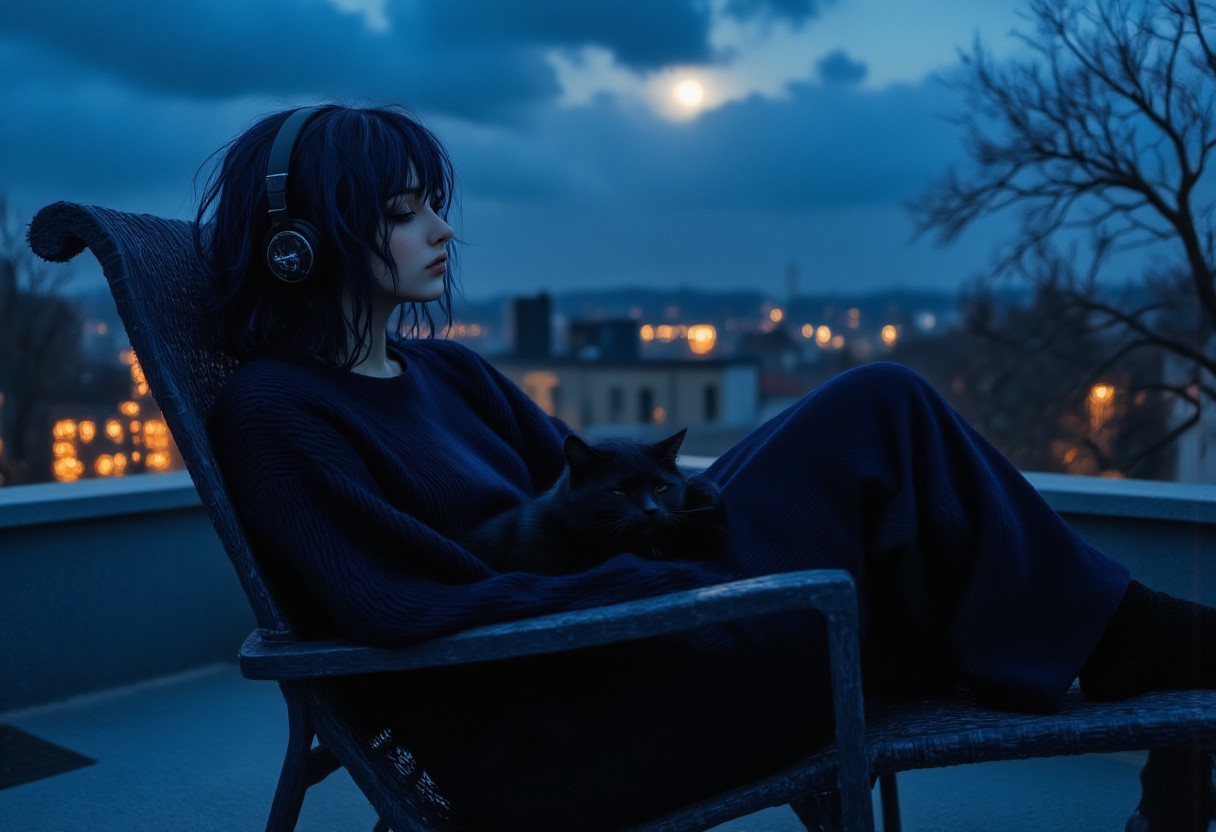 1girl, wearing headphone, black sweater, black pajama, black socks,  resting in resting chair, roof top, side view, a black cat sleeping in lap, a black dog sleeping near chair, railing in background, blue moon amongst dark clouds, a tree outside near railing,  FictionalOpal, alternative girl with messy navy blue hair, DarkAtmosCE style, highres, realistic, fhd, widescreen, moonlight,