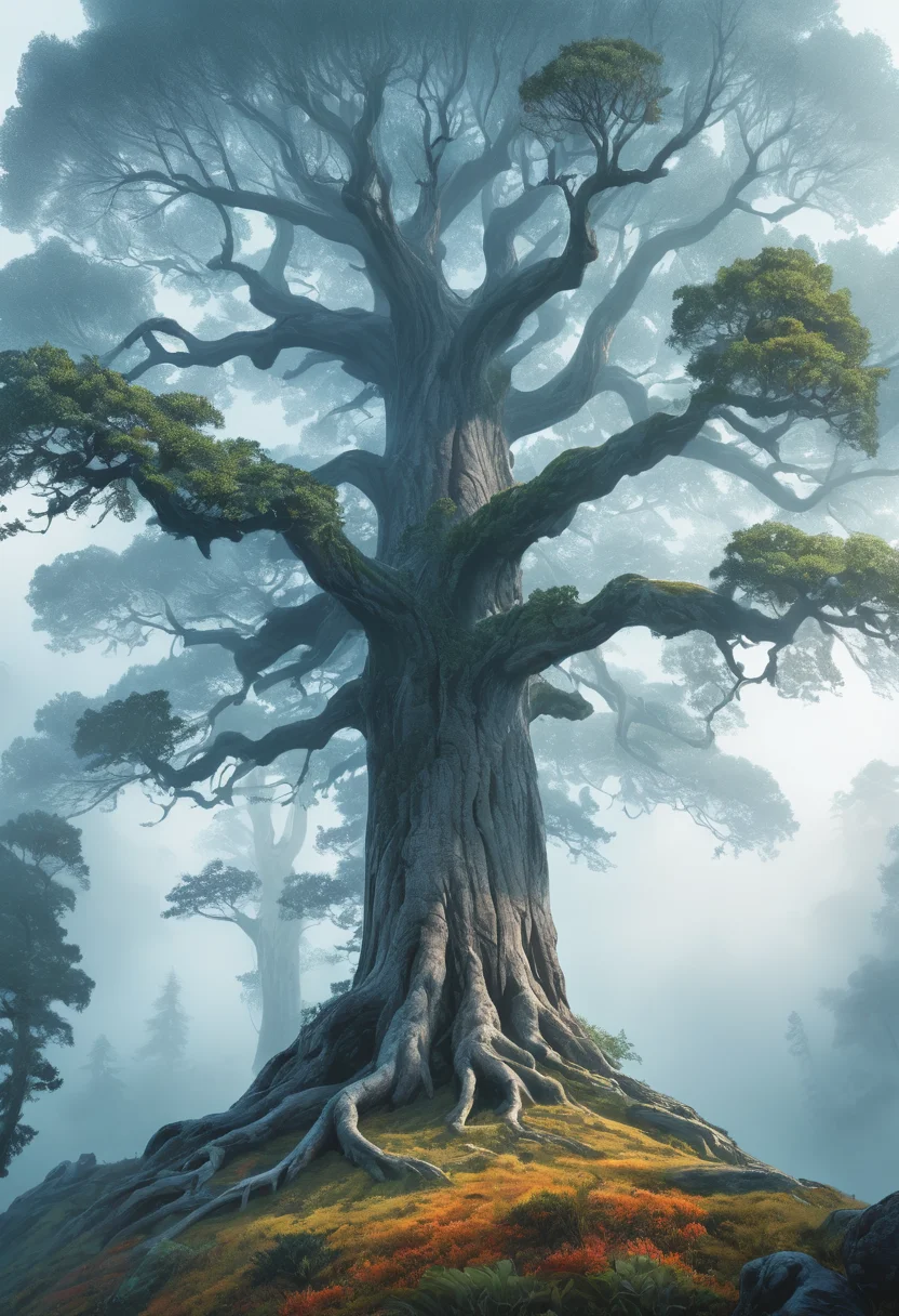 a grove of ancient trees standing together in silence, a tree standing at the edge of a cliff, <lora:Artfully_TREES2-000003:0.6>, profound layers of complexity, surrounded by mist and fog, with delicate textures, a forest canopy seen from below, sketch of an old tree, set against a vibrant sky masterpiece, detailed, best quality, absurd resolution uhd, 8k,