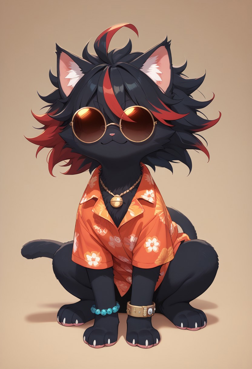 (score_9, score_8_up), score_7_up, score_6_up, best quality, highest quality, (feral), cat, animal focus, furry, female, (solo), full body, official style, (body fur), (black body, black fur, red fur), (black hair, red hair, streaked hair), (messy hair, spiked hair, highlights), cat ears, animal nose, tinted eyewear, round eyewear, hidden eyes, smirk, red markings, red stripes, necklace, hawaiian shirt, bracelet, paws, cat tail, clothed feral, no humans,