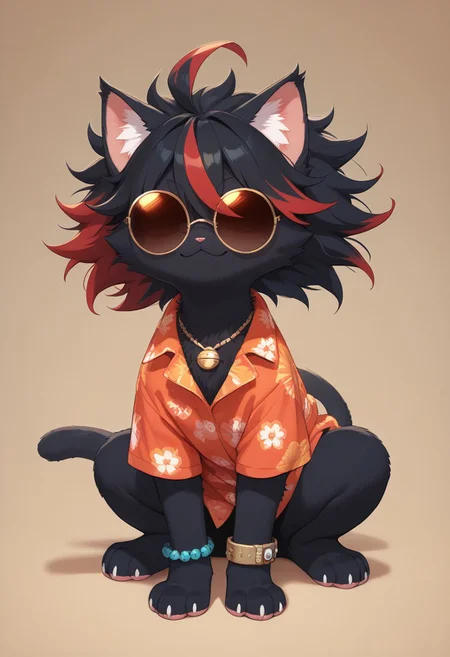 (score_9, score_8_up), score_7_up, score_6_up, best quality, highest quality, (feral), cat, animal focus, furry, female, (solo), full body, official style, (body fur), (black body, black fur, red fur), (black hair, red hair, streaked hair), (messy hair, spiked hair, highlights), cat ears, animal nose, tinted eyewear, round eyewear, hidden eyes, smirk, red markings, red stripes, necklace, hawaiian shirt, bracelet, paws, cat tail, clothed feral, no humans,