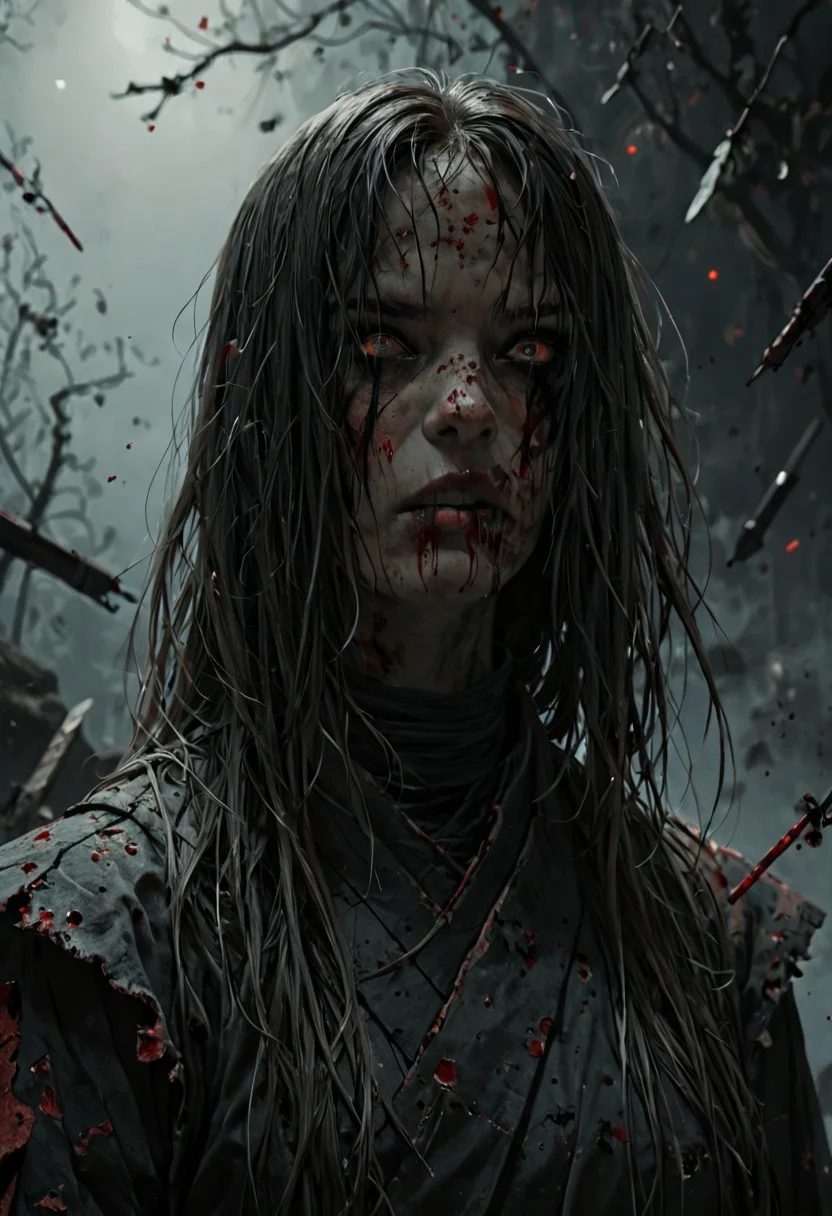 score_9, score_8_up, score_7_up, fluxenh4nce, samurai-girl, (pale:1.9), (etheral ((upper-body)) portrait), standing, defeated, haunted, bleeding, highly detailed, heavy film grain, sinozick style flat color, dark theme,