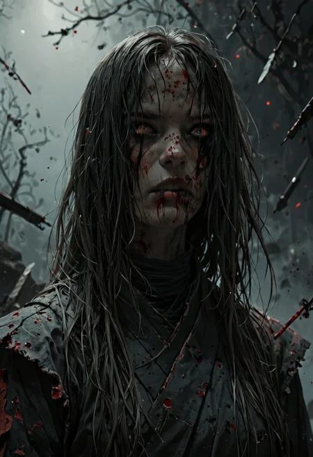 score_9, score_8_up, score_7_up, fluxenh4nce, samurai-girl, (pale:1.9), (etheral ((upper-body)) portrait), standing, defeated, haunted, bleeding, highly detailed, heavy film grain, sinozick style flat color, dark theme,