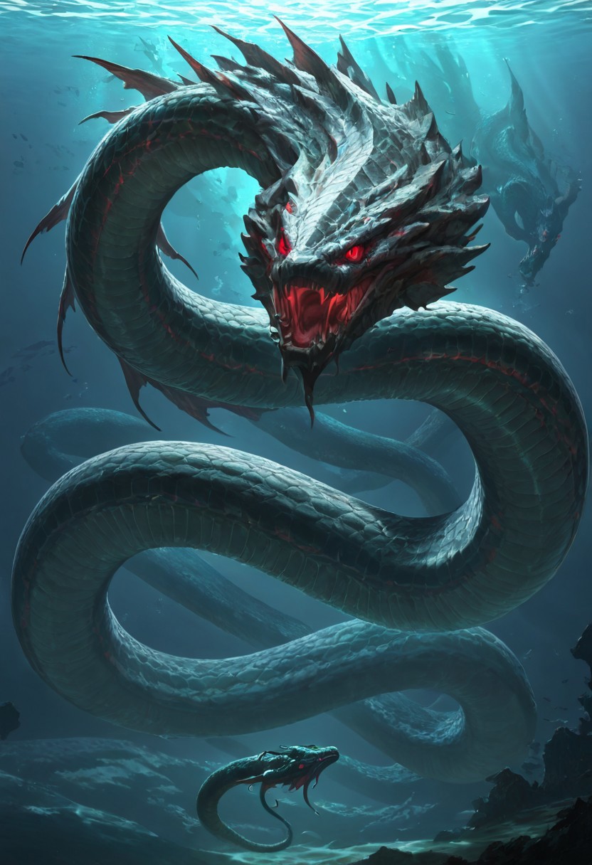 masterpiece, best quality, newest, absurdres, highres, AQDRV1.0, dragon, underwater, ocean, snake, serpent, monster, no humans, glowing eyes, red eyes,