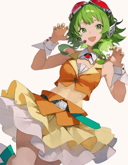 very awa, 1girl, white background, vocaloid, cowboy shot, dutch angle, head tilt, floating, (gumi:1.5), belt, brooch, collar, green hair, green nails, knee boots, layered skirt, red goggles, claw pose, sleeveless, wrist cuffs, :d, [masterpiece:0.15], [best quality:0.15], [newest:0.15], [absurdres:0.15]  <lora:stylelora-000026:1>