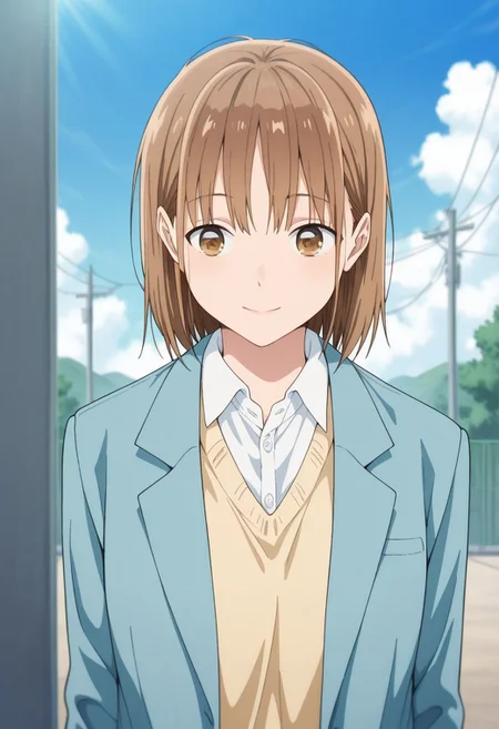 masterpiece,best quality,amazing quality,
chinatsu, 1girl, solo, brown eyes, brown hair, bangs, school uniform, shirt, white shirt, collared shirt, cardigan, jacket, blazer, blue jacket, long sleeves, open jacket, open clothes, smile, outdoor, sky, day,