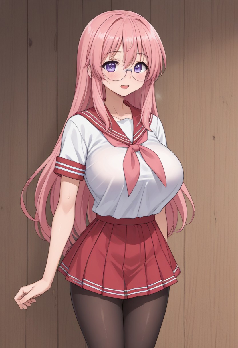 indoor, midnight, Health room, 
8k, super high vision:, intricate details, Super high quality, Super high resolution, masterpiece, full color, 
anime art, animation, 
beautiful breasts, huge breasts, 
super cute girl, super cute face, narrow waist, 
sweat, shiny skin, wet hair, wet body, droplet, 
looking at you sexually, sexually excited state, heterosexual, gonzo, 
smug, open your mouth, sigh, long breath, blush, bitch, 
standing, 
sailor collar, uniform, red skirt, pink neckerchief, mini skirt, black pantyhose, 
tiny hips, hips, thigh, 
miyuki takara, long hair, purple eyes, pink hair, glasses, cowboy shot, cowboy shot, cowboy shot,