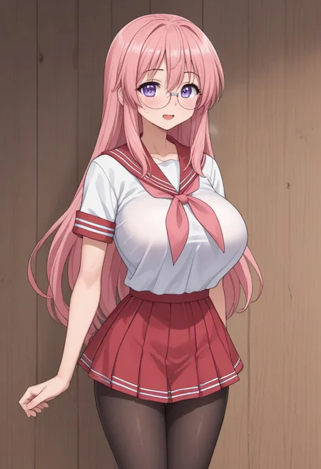 indoor, midnight, Health room,
8k, super high vision:, intricate details, Super high quality, Super high resolution, masterpiece, full color,
anime art, animation,
beautiful breasts, huge breasts,
super cute girl, super cute face, narrow waist,
sweat, shiny skin, wet hair, wet body, droplet,
looking at you sexually, sexually excited state, heterosexual, gonzo,
smug, open your mouth, sigh, long breath, blush, bitch,
standing,
sailor collar, uniform, red skirt, pink neckerchief, mini skirt, black pantyhose,
tiny hips, hips, thigh,
miyuki takara, long hair, purple eyes, pink hair, glasses, cowboy shot, cowboy shot, cowboy shot,