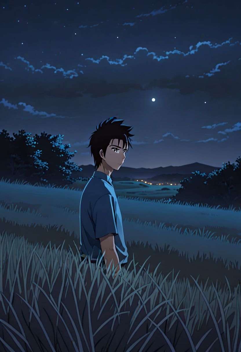 Highres, Masterpiece, High Quality, 4K, 8K, solo, 1Boy, Soujirou Agata, brown eyes, black hair, grassland, no light pollution, bush, nature, calm, peaceful, night breeze, breeze, awe, dim, easynegative, detailed_eye_model