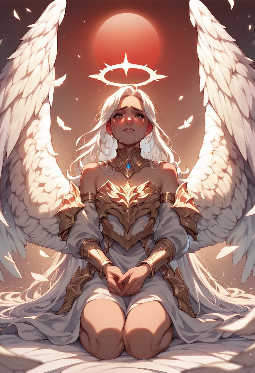 score_9, score_8_up, score_7_up, score_6_up, 1girl, angel, white and gold armor, crying, kneeling and crying, large wings, white halo, bare shoulder, jewelry, detailed red moon background, white hair, long hair,