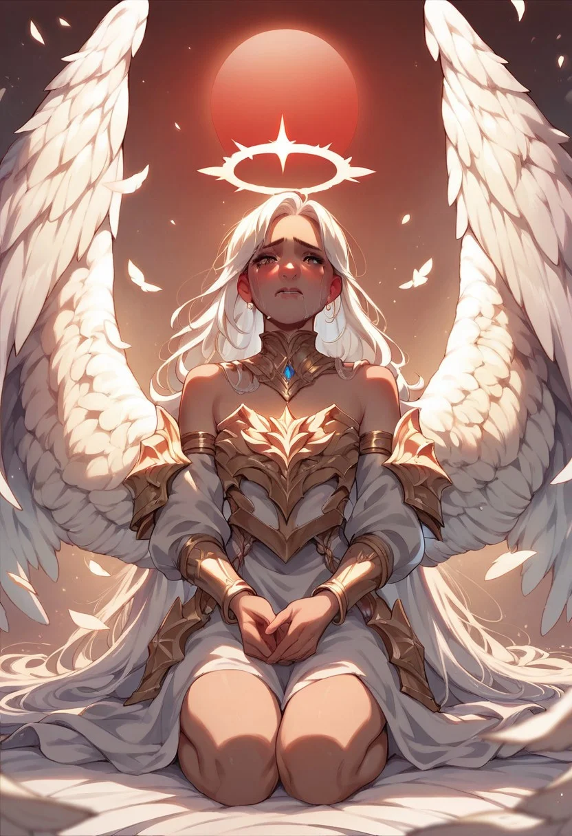 score_9, score_8_up, score_7_up, score_6_up, 1girl, angel, white and gold armor, crying, kneeling and crying, large wings, white halo, bare shoulder, jewelry, detailed red moon background, white hair, long hair,