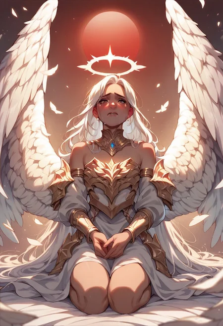 score_9, score_8_up, score_7_up, score_6_up, 1girl, angel, white and gold armor, crying, kneeling and crying, large wings, white halo, bare shoulder, jewelry, detailed red moon background, white hair, long hair,