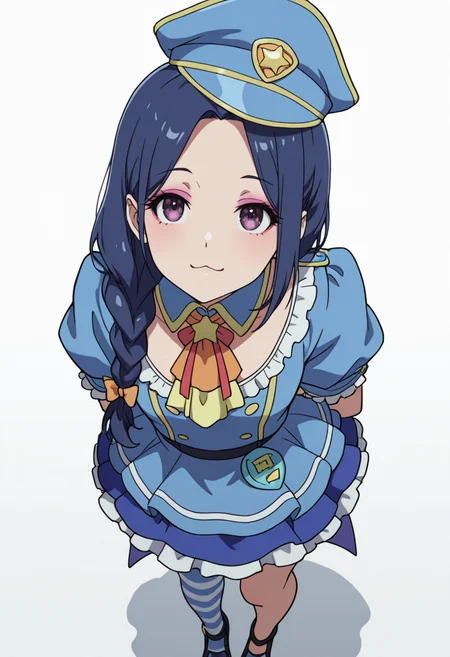 Smooth Quality,masterpiece,very intricate, high quality details, ultra realistic, high detailed skin,detailed enviorement,absurdres,
 <lora:Nerula:0.8> nerula_cnr, 1girl,blue hair, long hair, single braid, purple eyes, makeup, eyeshadow,police hat, blue dress, frilled dress,puffy short sleeves, detached collar, ascot, wrist cuffs, blue skirt,single thighhigh, black footwear, striped clothes,bow, ribbon,, simple background, white background, from above,solo,
standing, arms behind back, looking up, calm expression, relaxed posture,  ,, :3,