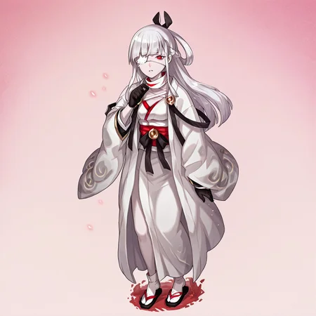 lazypos,anime screencap,
Kaguya Dragalia, long hair, white hair, braid, black ribbon, hair ribbon, eyepatch, red eye, pale skin, bandages, white kimono, japanese clothes, brooch, black gloves, sandals, full body, standing