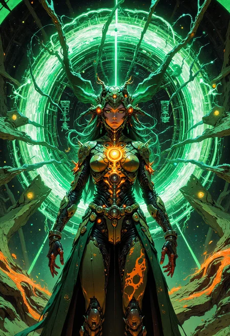 in Otomo Katsuhiro style, masterpiece, high-quality, A towering, low-angle wide-shot of a cybernetic oracle standing within a pulsating energy dome, her biomechanical headgear glowing with synchronized green and orange lights. Cascading cables from her helmet are suspended mid-air, seemingly defying gravity, while holographic glyphs swirl around her like orbiting satellites. Her sleek coat is adorned with shifting, animated patterns, blending with the hyperdetailed, futuristic arena that surrounds her in glowing luminescence, <lora:FLUX\Anime v1.3:0.5> <lora:FLUX\VividlySurrealApex:0.8>