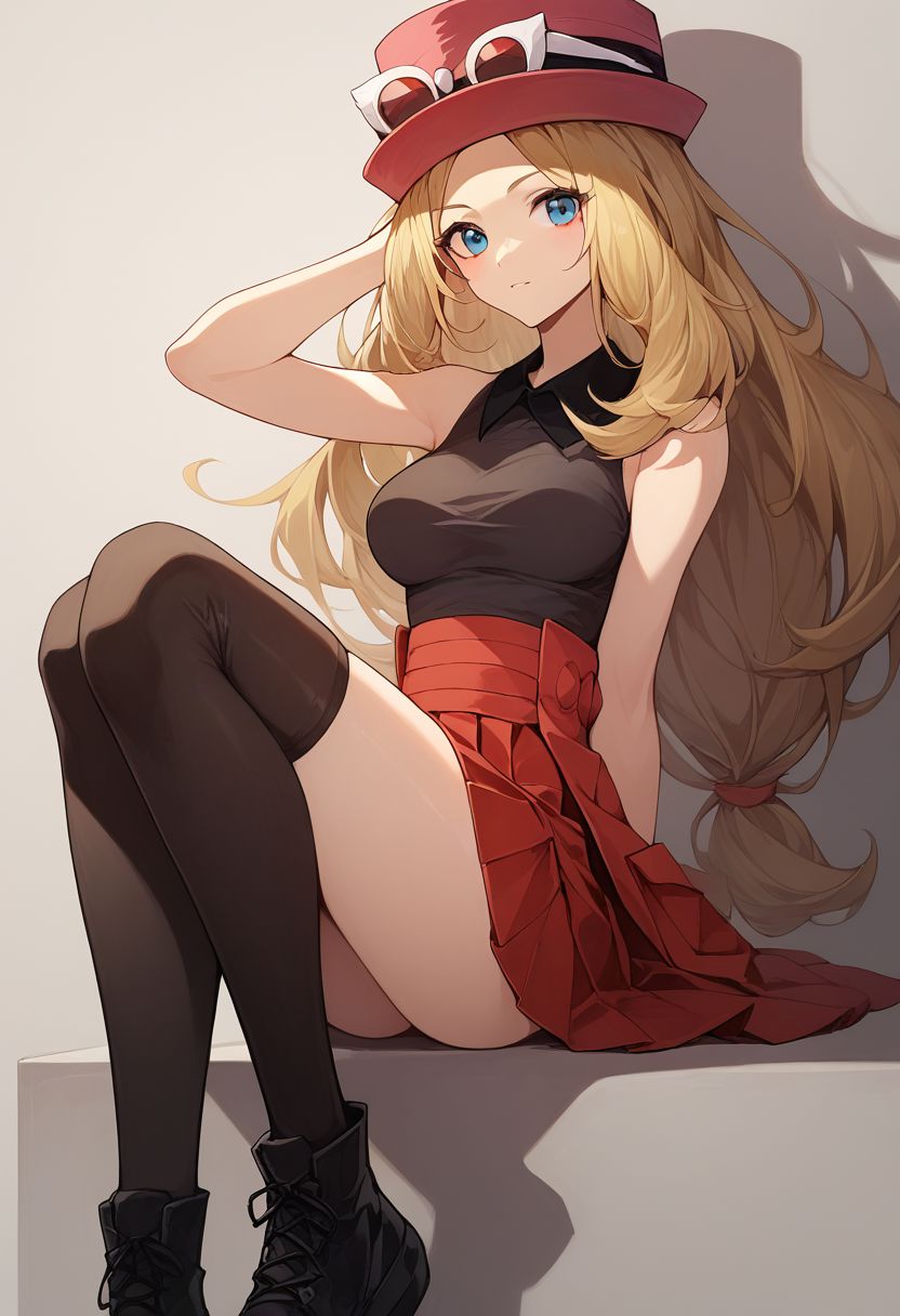 score_7_up, score_8_up, score_9, 1girl, solo, serena, skirt, long hair, sleeveless, hat, shirt, sleeveless shirt, red skirt, eyewear on headwear, thighhighs, pleated skirt, blonde hair, breasts, collared shirt, black thighhighs, black footwear