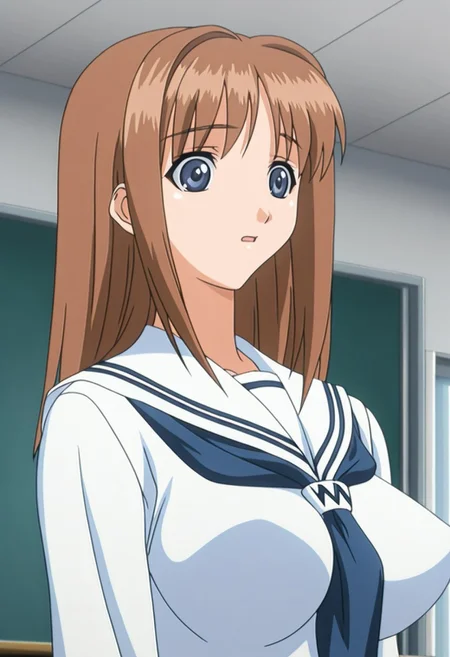 masterpiece, best quality, amazing quality, very aesthetic,
anime coloring, anime screencap, 2000s \(style\), 
1girl, solo,
shiomiya_kanami, brown hair, blue eyes, long hair, large breasts, 
serafuku, classroom,