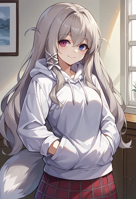 score_9, score_8_up, source_anime, 1girl, solo, Murmansk, heterochromia, fox tail, two tails, grey hair, long hair, indoors, plaid skirt, hoodie, smile, hands in pockets, <lora:ChamMurmanskPonyXL:1>