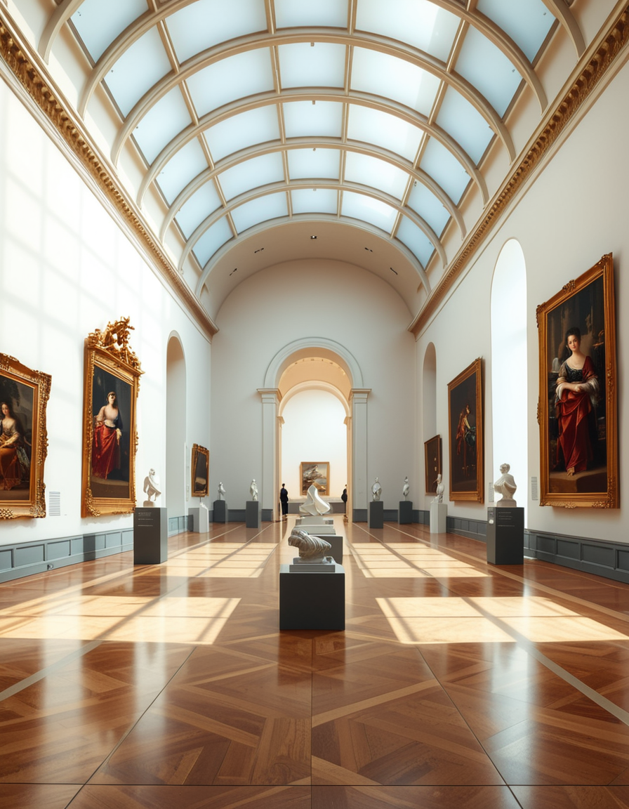 A high-resolution photograph of the interior of a grand art museum, featuring vast halls with high ceilings, intricate architectural details, and polished marble floors. The museum is illuminated by soft, natural light filtering through large arched windows, casting gentle shadows on the walls adorned with classical and modern paintings in ornate golden frames. In the center, a marble sculpture stands on a pedestal, surrounded by velvet ropes. Visitors walk around, some admiring the artwork, others engaged in quiet discussions. The atmosphere is serene and intellectual, with a warm color palette of beige, gold, and deep reds enhancing the elegance of the scene. The perspective is wide-angle, capturing the depth and scale of the museum, evoking a sense of awe and admiration.
<lora:SDXLFaeTastic2400:0.4> <lora:extremely_detailed:0.4> extremely detailed, <lora:art_mus3um:1>,art mus3um, Masterpiece,best quality,hi res,8k,hi res,8k,award winning,(sharp focus, intricate, highly detailed),