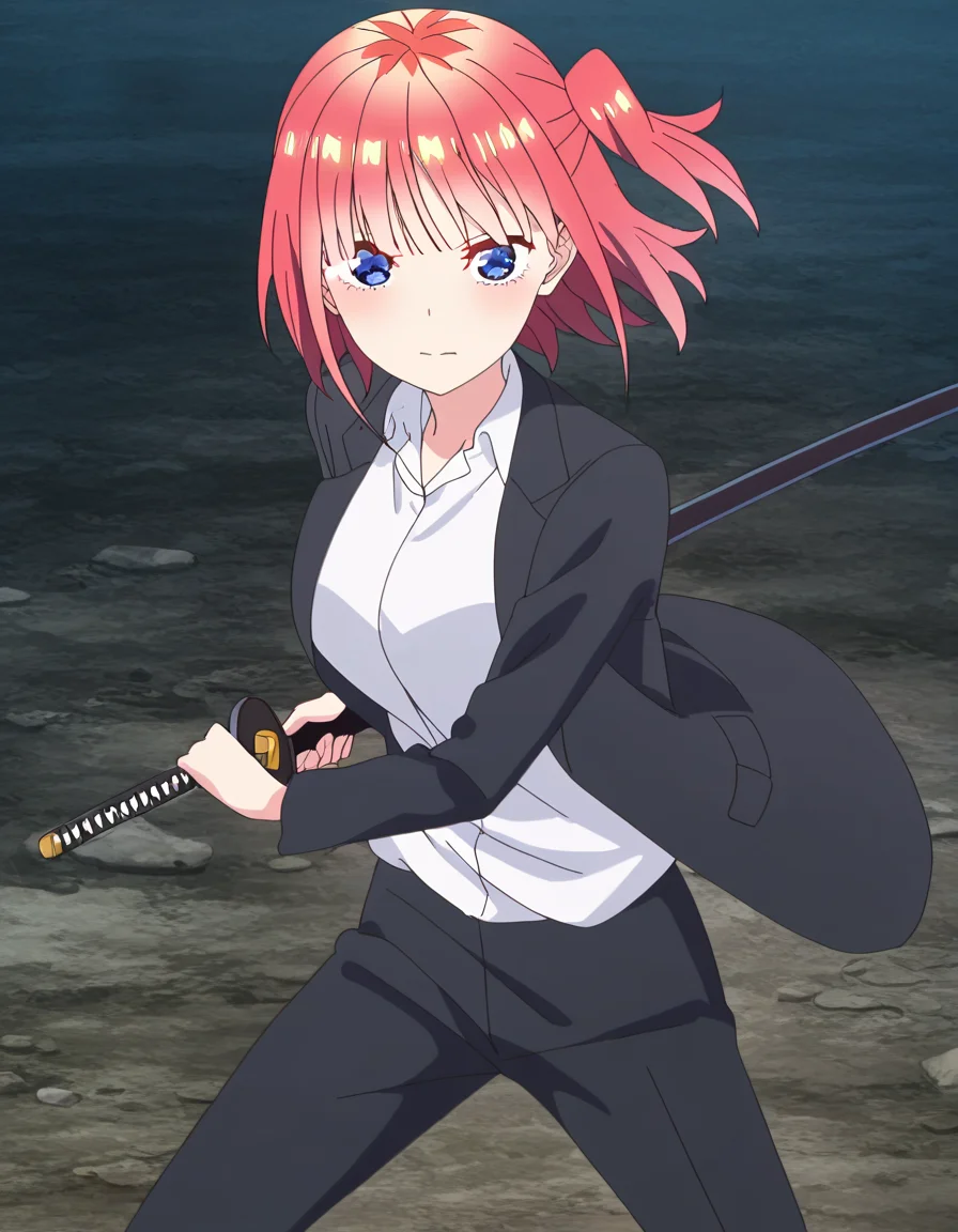 masterpiece, best quality, newest, absurdres, highres, safe,, <lora:nino-nakano-honeymoon-ponyxl-lora-nochekaiser:1>, nino nakano, short hair, bangs, blue eyes, large breasts, pink hair, blunt bangs, side ponytail, one side up, anime screencap, <lora:battoujutsu-stance-illustriousxl-lora-nochekaiser:1>, battoujutsu stance, looking at viewer, holding, weapon, sword, holding weapon, holding sword, standing, katana, sheath, sheathed, fighting stance, ready to draw, shirt, long sleeves, jacket, white shirt, necktie, collared shirt, pants, black jacket, floating hair, black pants, formal, suit, black necktie, black suit, pant suit,, ,