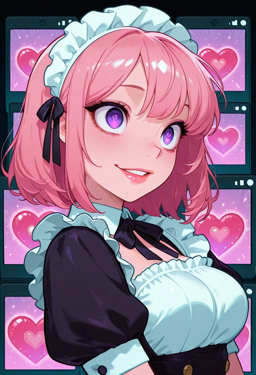 <lora:CivChan:1> side view, CivChan, purple eyes, pink hair, maid outfit, medium breasts, full lips, floating hearts, hearts, crazy eyes, computer screens in background with static, heart balloons, glitter