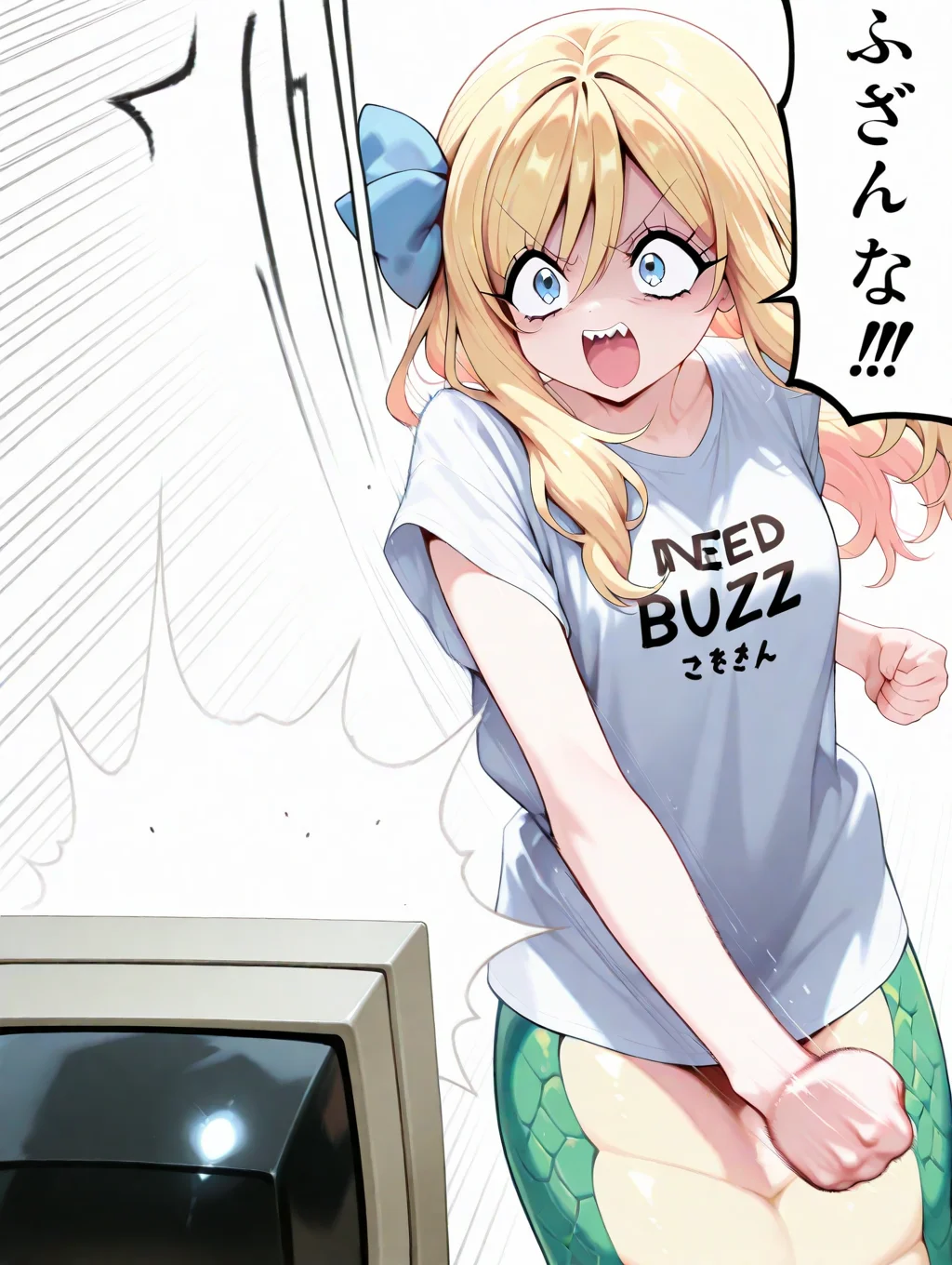 ultra-detailed,masterpiece, best quality, good quality, newest,anime,
Jashin-chan \(Jashin-chan Dropkick \), Lamia,
1girl, blond hair, blue eyes, long hair, blue ribbon,
t-shirt with "i need buzz" sign,
<lora:Fuzakennna-IL-v1-rev2:1> Fuzakennna,
crt, punching, clenched hands, emphasis lines, motion lines, motion blur, sound effects, speech bubble,