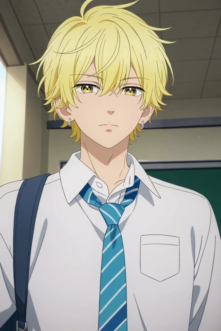 score_9, score_8_up, score_7_up, , rating_safe, intricate details, anime screencap, , official style, , 1boy, solo, male focus, <lora:kai_miura_pony:0.92>, kai_miura, blonde hair, yellow eyes, short hair, bangs, hair between eyes, earrings, white shirt, school uniform, necktie, , from below, tokyo tower, midnight, victory pose, relaxed, , <lora:sdxl_lightning_8step_lora:1>