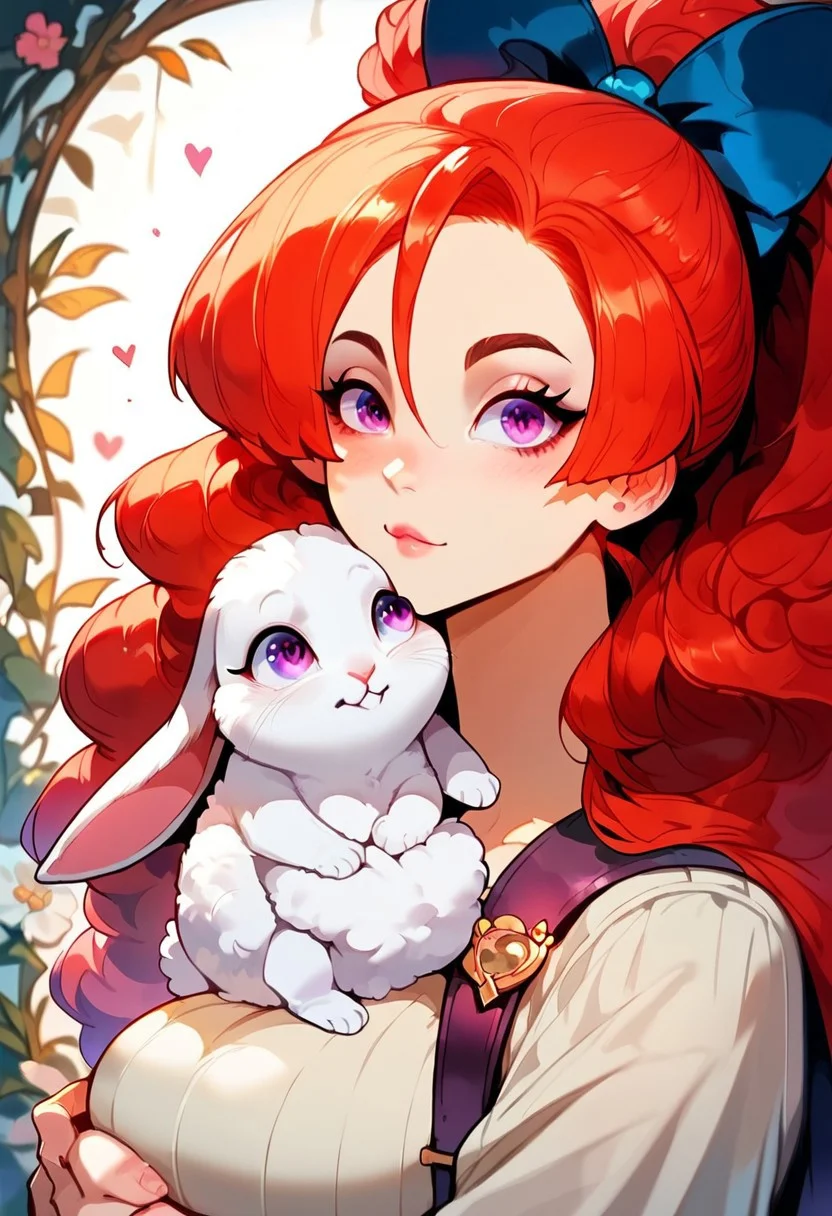 score_9, score_8_up, score_7_up, score_6_up, <lora:p3tl0v3XLP:1> p3tl0v3, 1girl, Bamirade, purple eyes, red hair, hair bow, big breasts, hugging a white rabbit,