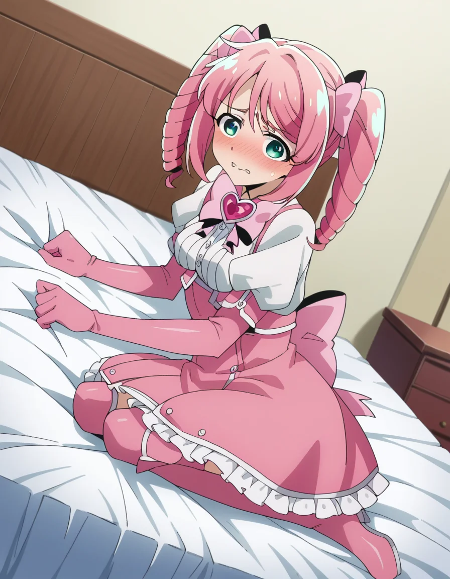 score_9, score_8_up, score_7_up, source_anime,
harukahanabishi, <lora:haruka-hanabishi-ponyxl-lora-nochekaiser:1>
haruka hanabishi, twintails, green eyes, pink hair,
thighhighs, gloves, dress, bow, magical girl, pink gloves,
indoors, bed, bed room, on side, blush, drunk,
looking at viewer, dutch angle, cowboy shot