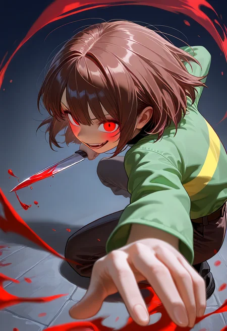 1girl, chara \(undertale\), undertale, perspective, extreme perspective, holding weapon, holding knife, floor, dappled sunlight, looking at viewer, hand on ground, fighting stance, running, crazy smile, staring, night, rushing, (motion blur:1.2), motion lines, from above, facing side, from behind, fighting, blood,
<lora:cfg_scale_boost:0.4>,<lora:nai_noob_new_1536:0.3>,<lora:nyaliaXLNBVP1lokrV6311P:0.3>, <lora:illustriousXL_stabilizer_v1.23:0.4>, <lora:perspective:1.1>,, (masterpiece, best quality, newest, highres:1.3), good quality, very aesthetic, absurdres, newest, very awa,