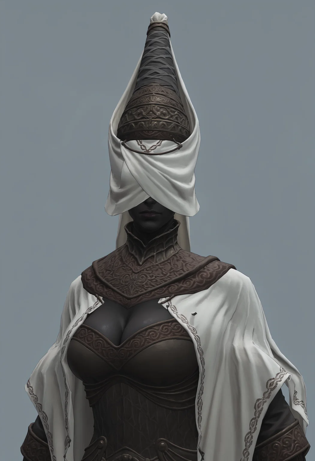 score_9, score_8_up, score_7_up, score_6_up, score_5_up, score_4_up, 1girl, <lora:NoxSwordstress:0.85> solo, large breasts, colored skin, black skin, faceless, veil, helmet, armor, cape, cloak, gloves, boots, upper body, cleavage,
(light blue background:1.15), simple background,