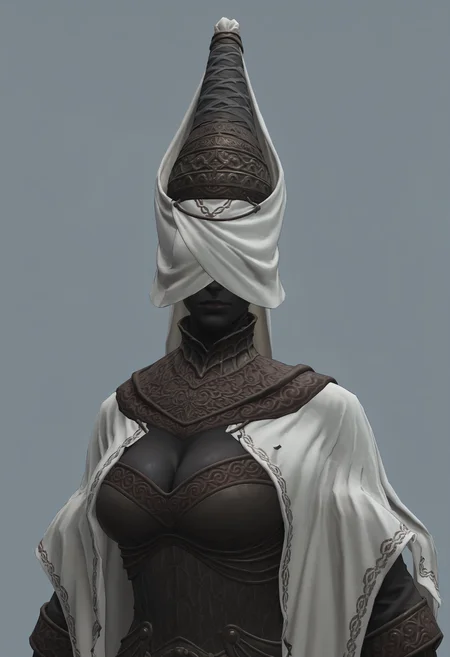 score_9, score_8_up, score_7_up, score_6_up, score_5_up, score_4_up, 1girl, <lora:NoxSwordstress:0.85> solo, large breasts, colored skin, black skin, faceless, veil, helmet, armor, cape, cloak, gloves, boots, upper body, cleavage,
(light blue background:1.15), simple background,