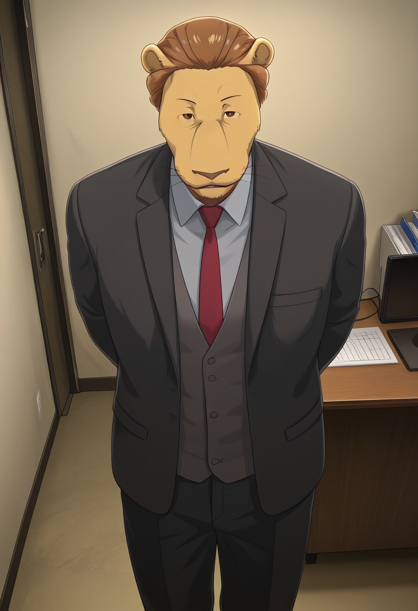 masterpiece, best quality, amazing quality, very aesthetic, absurdres, newest,  high quality, detailed, male, solo male, 1boy, MayorBeastars, anthro, lion, mature male, athletic build, brown eyes, brown hair, animal ears, broad shoulders, red tie, gray shirt, black suit jacket, indoors, standing, hands behind back, office, looking at viewer, smiling, volumetric lighting