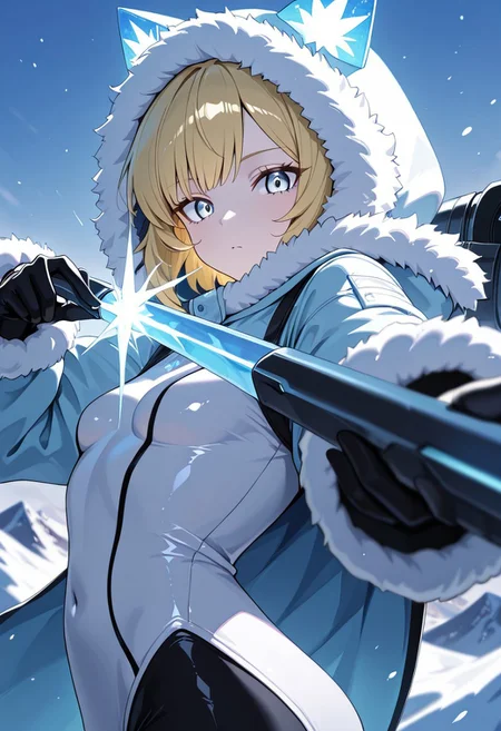 masterpiece, best quality, good quality, very aesthetic, absurdres, newest, 8K, depth of field, in the style of cknc, artist:moriimee, in the style of cksc,
1girl, pale skin, long blonde hair, loose, icy blue eyes, small breasts, perky, fur-lined hood, glossy skin, aiming bow, looking at viewer, from side
BREAK
snowy mountain peak, wind howling, ice glittering
BREAK
cool tones, frosty glow, high contrast, sharp details, rich textures, fierce atmosphere