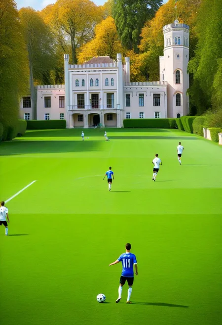 Soccer game in front of World's most beautiful manor, surreal action scene