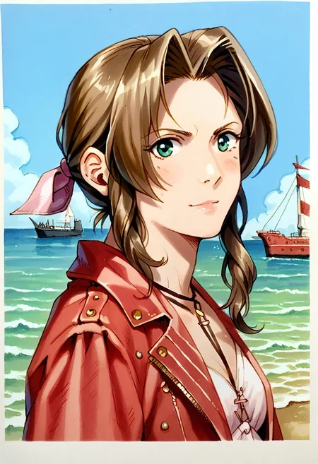 Bpb1,traditional media,2d,Score_9, score_8_up, score_7_up, score_6_up  ,(aer1th:1.2), 1girl, portrait,detailed, at a seaside port, ocean, ships,  short brown hair down,middle part, wonder, cropped red jacket, pink dress, looking at viewer, realistic, small breasts