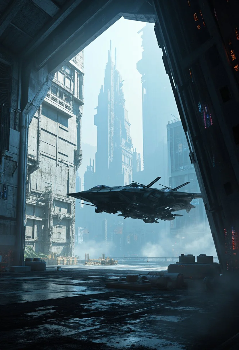UNI_SCI_FI_CORE, sai-digital art, sai-cinematic, 32k UHD sci-fi fantasy movie still, a futuristic fighter-style hovercraft exiting a futuristic urban tunnel outside a sci-fi city with massive buildings, cinematic realism, insanely detailed, intricately detailed, texture, A digital painting in the style of ck-js